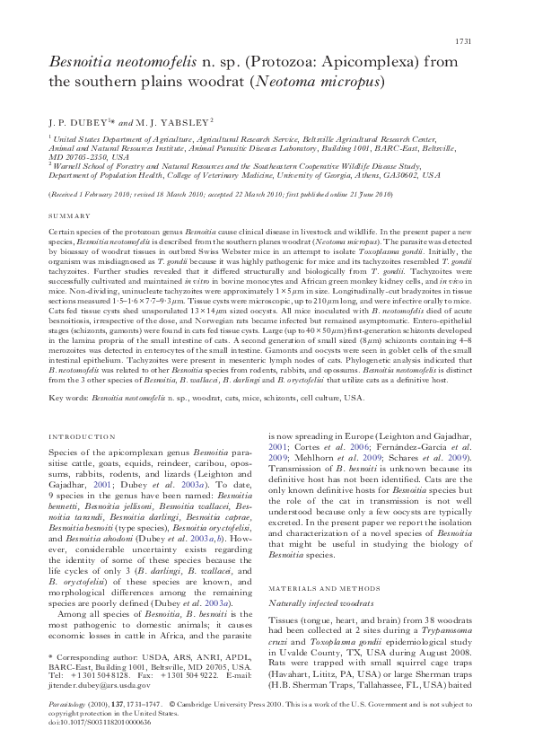 (PDF) Besnoitia neotomofelis n. sp. (Protozoa: Apicomplexa) from the ...