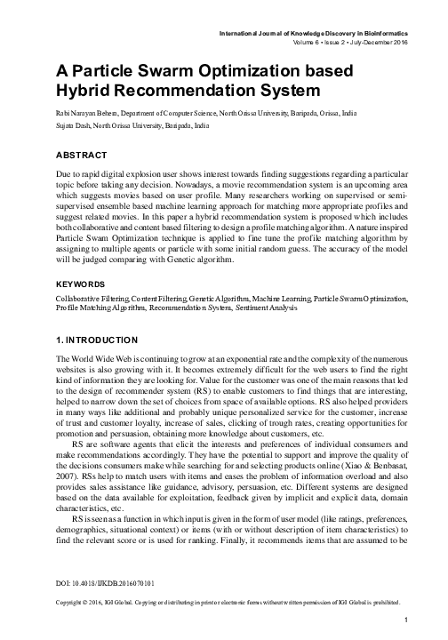 (PDF) A Particle Swarm Optimization based Hybrid Recommendation System