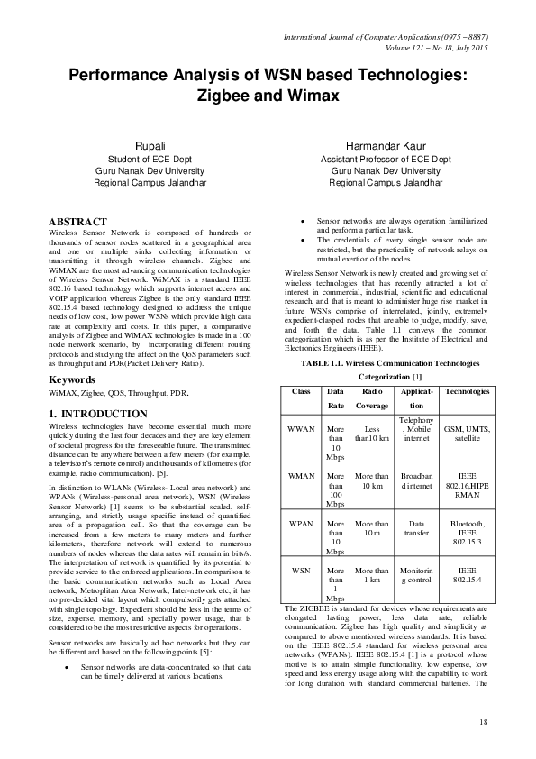 (PDF) Performance Analysis of WSN based Technologies: Zigbee and Wimax