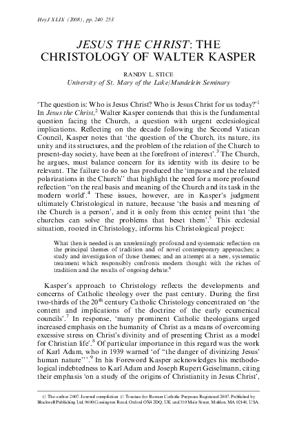 (PDF) Jesus the Christ: The Christology of Walter Kasper