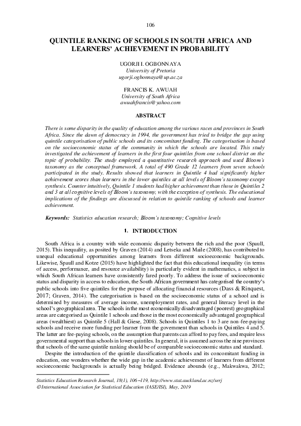 (PDF) Quintile Ranking of Schools in South Africa and Learners’ Achievement in Probability