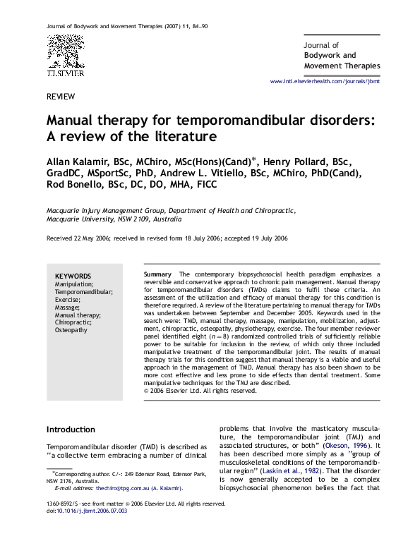 (PDF) Manual therapy for temporomandibular disorders A review of the