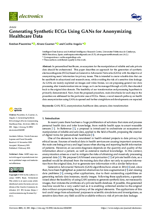 (PDF) Generating Synthetic ECGs Using GANs for Anonymizing Healthcare Data