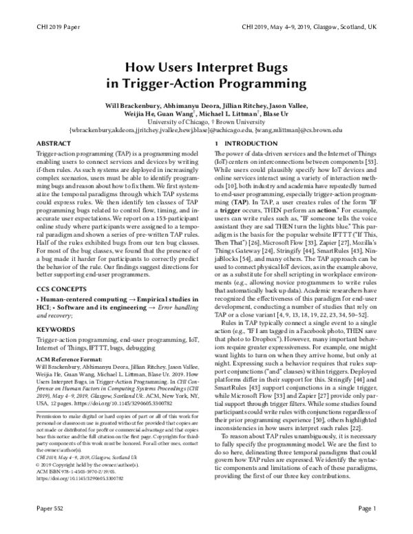 (PDF) How Users Interpret Bugs in Trigger-Action Programming