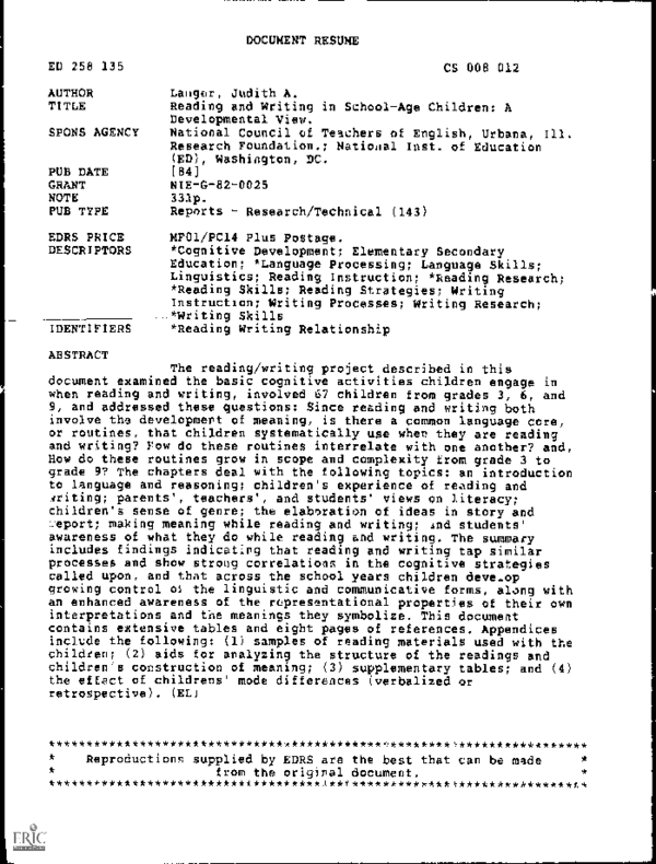 (PDF) Reading and Writing in SchoolAge Children A Developmental View