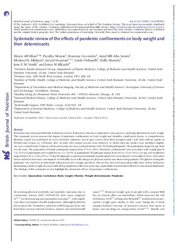 (PDF) Systematic review of the effects of pandemic confinements on body ...