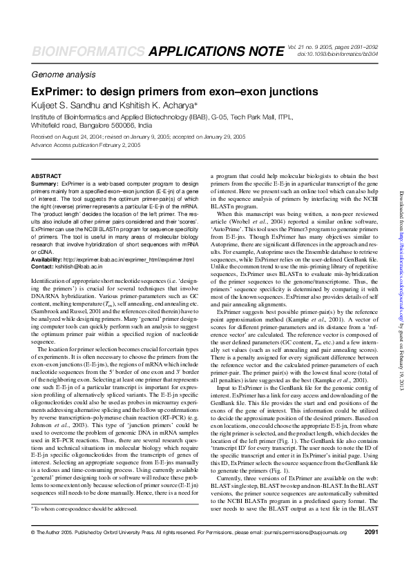 (PDF) ExPrimer to design primers from exonexon junctions Kshitish