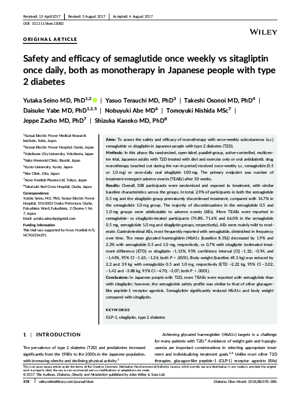 (PDF) Safety and efficacy of semaglutide once weekly vs sitagliptin ...