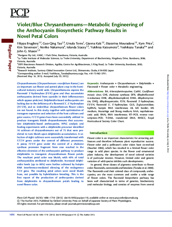 PDF) Violet/blue chrysanthemums--metabolic engineering of the
