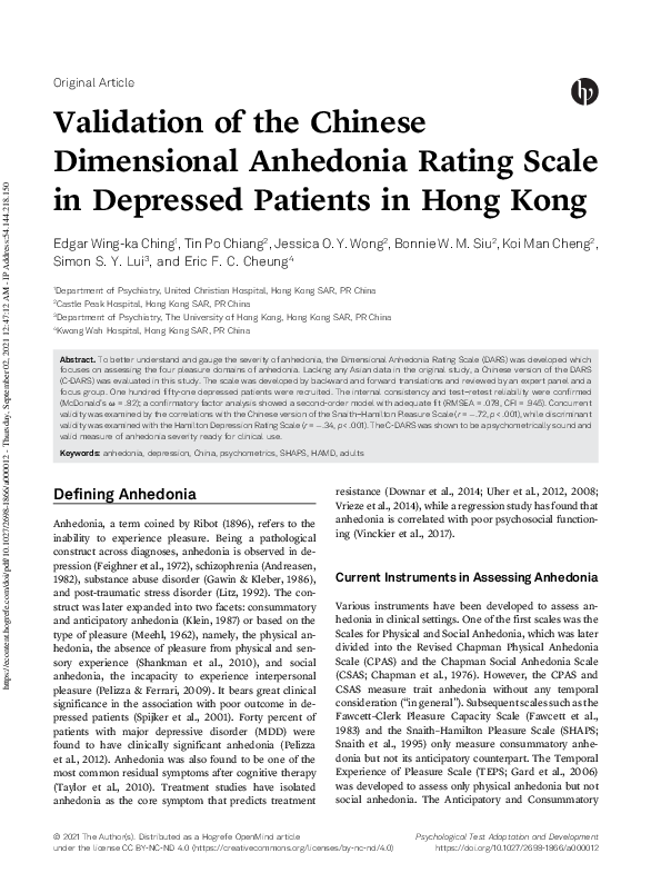 (PDF) Validation of the Chinese Dimensional Anhedonia Rating Scale in ...