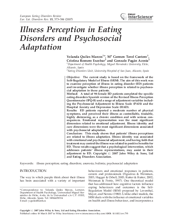 (PDF) Illness perception in eating disorders and psychosocial adaptation