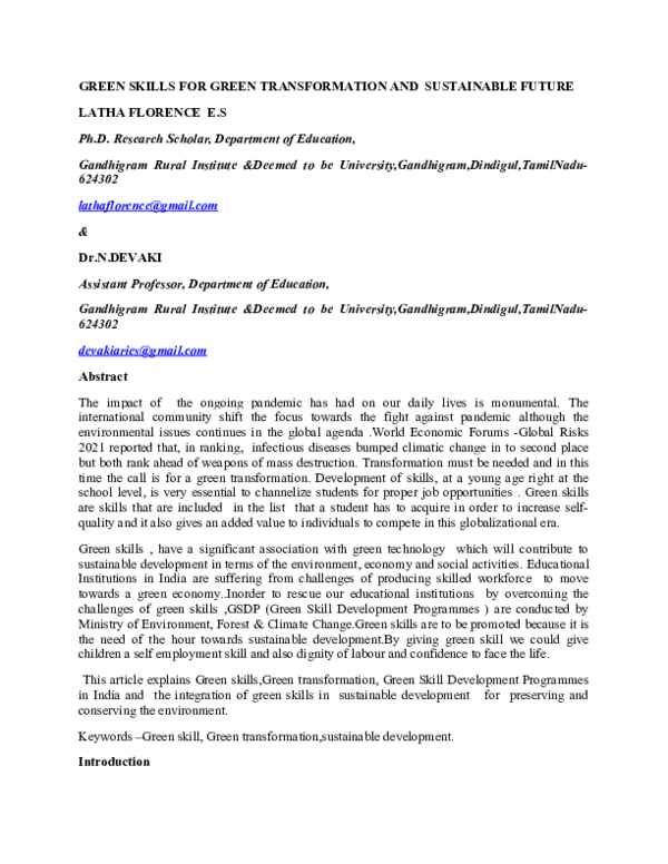 (DOC) GREEN SKILLS FOR GREEN TRANSFORMATION AND SUSTAINABLE FUTURE