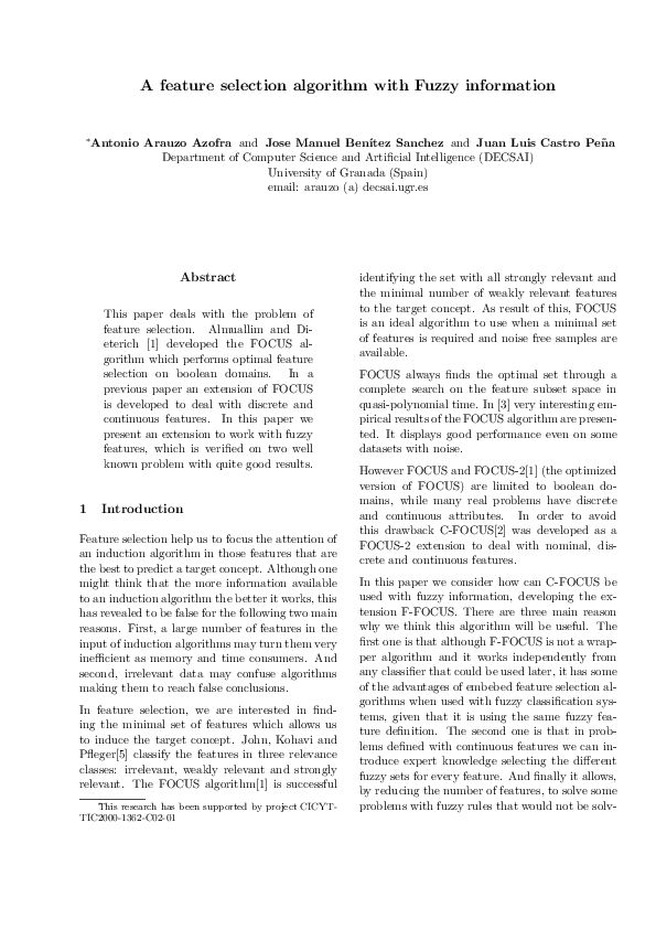 (PDF) A feature selection algorithm with Fuzzy information