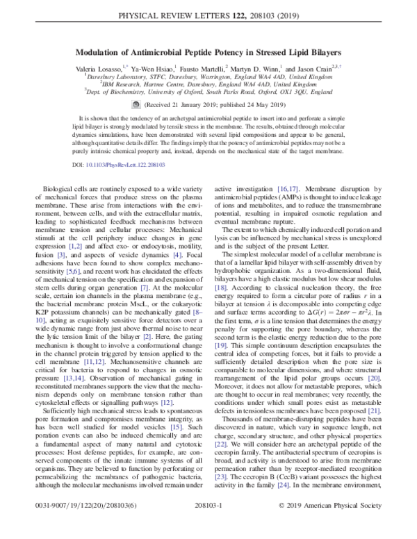 (PDF) Modulation of Antimicrobial Peptide Potency in Stressed Lipid ...