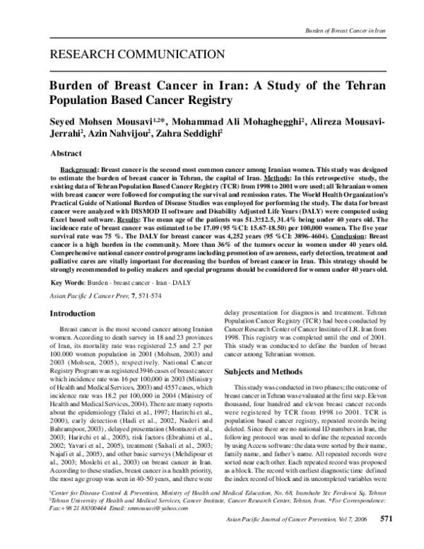(PDF) Burden of Breast Cancer in Iran: A Study of the Tehran Population ...
