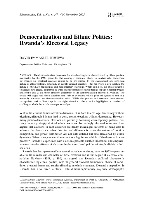 (PDF) Democratization and ethnic politics: Rwanda's electoral legacy