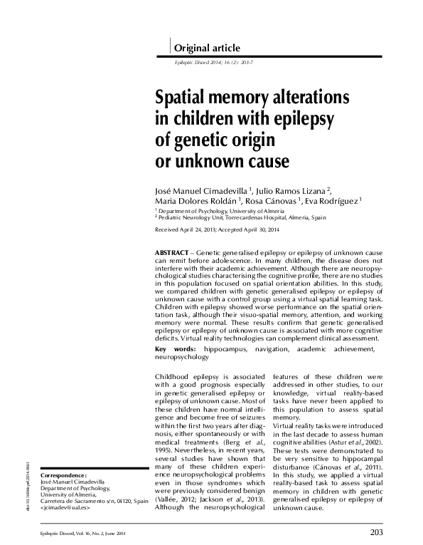 (PDF) Spatial memory alterations in children with epilepsy of genetic ...