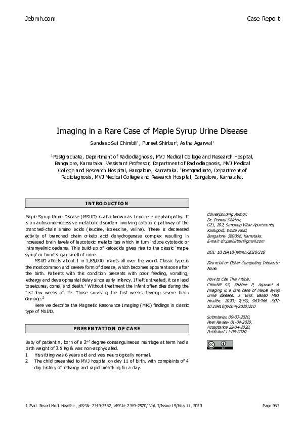 (PDF) Imaging in a Rare Case of Maple Syrup Urine Disease