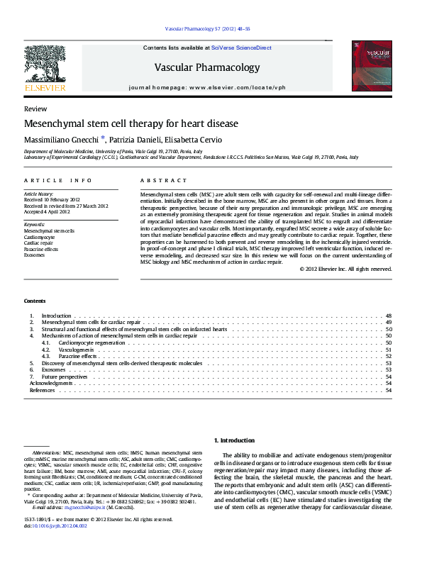 (PDF) Mesenchymal stem cell therapy for heart disease