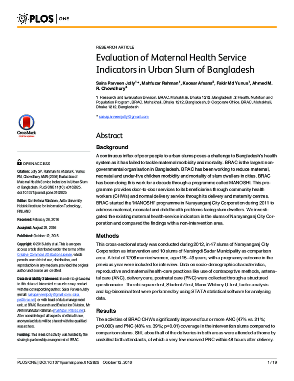 (PDF) Evaluation of Maternal Health Service Indicators in Urban Slum of ...