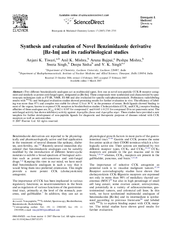 (PDF) Synthesis and Evaluation of Novel Benzimidazole Derivative [Bz-Im ...