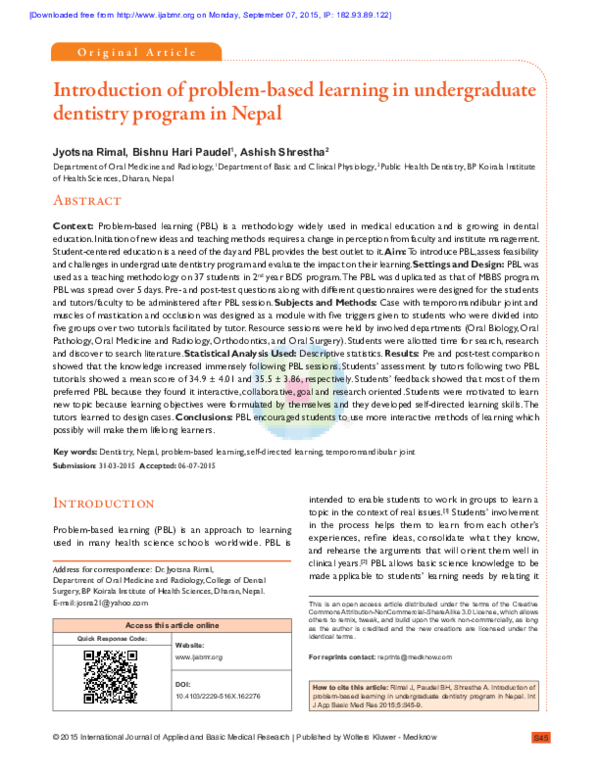 (PDF) Introduction of problem-based learning in undergraduate dentistry ...