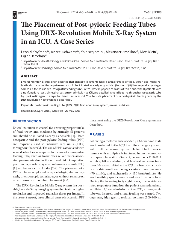 (PDF) The Placement of Postpyloric Feeding Tubes Using DRXRevolution