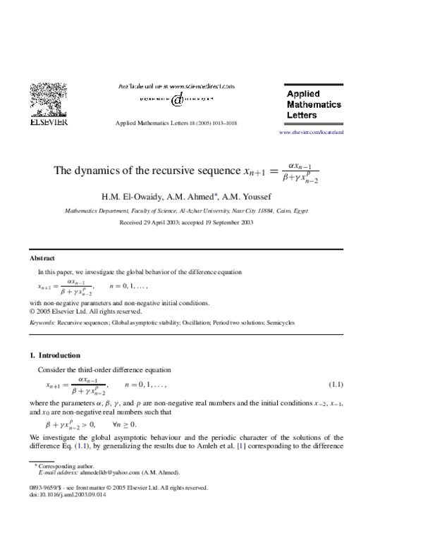 (PDF) The dynamics of the recursive sequence