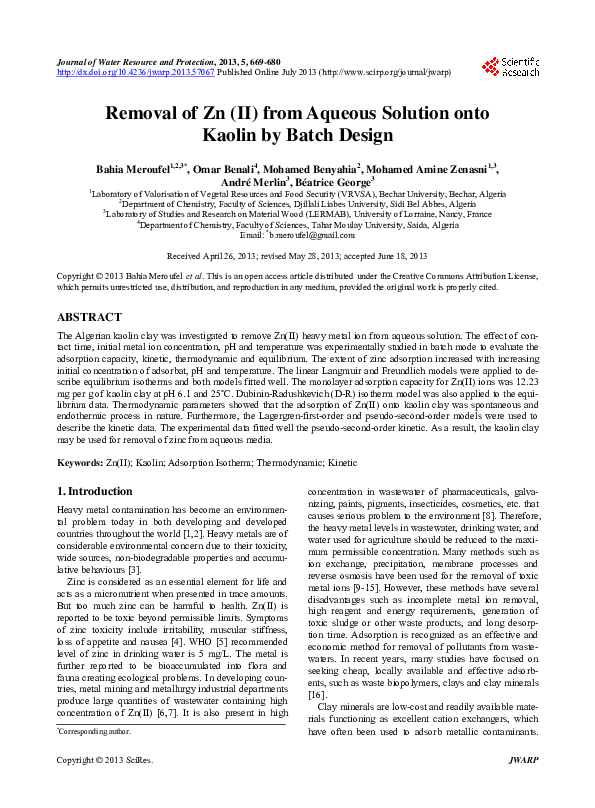 (PDF) Removal of Zn (II) from Aqueous Solution onto Kaolin by Batch Design