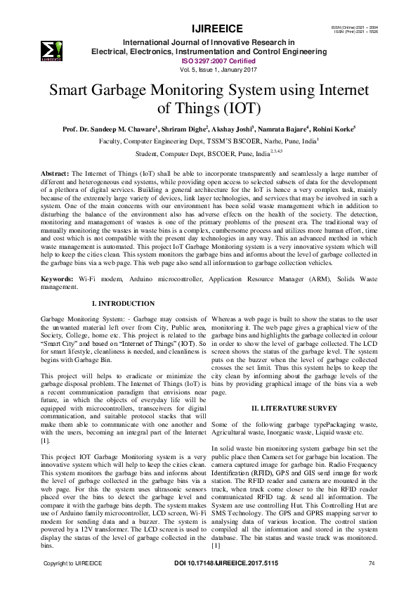(PDF) Smart Garbage Monitoring System using Internet of Things (IOT)