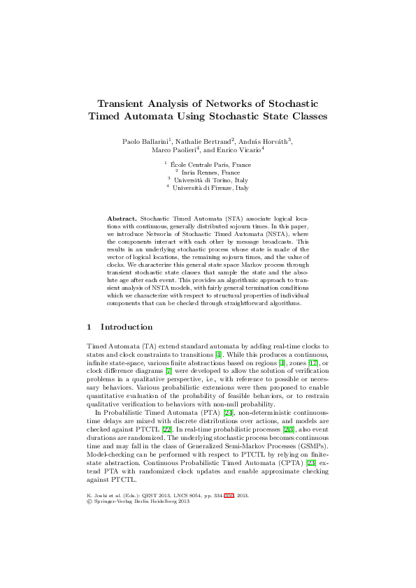 (PDF) Transient Analysis of Networks of Stochastic Timed Automata Using ...
