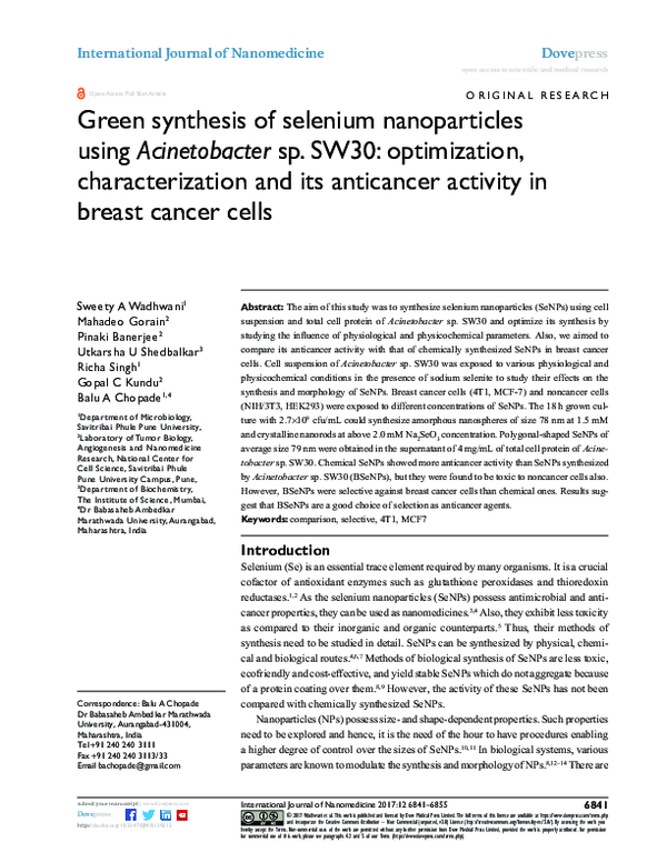 (PDF) Green synthesis of selenium nanoparticles using Acinetobacter sp ...