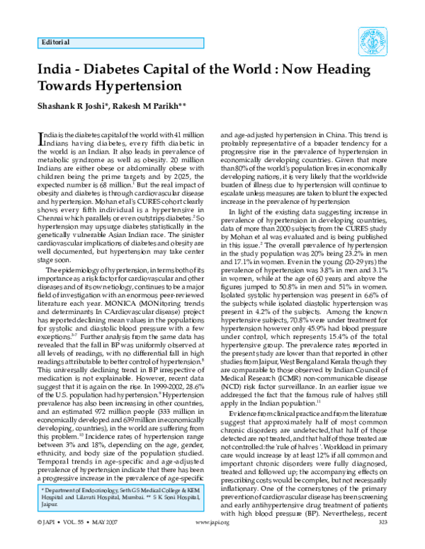 (PDF) India; The Diabetes Capital of the World Now heading Towards