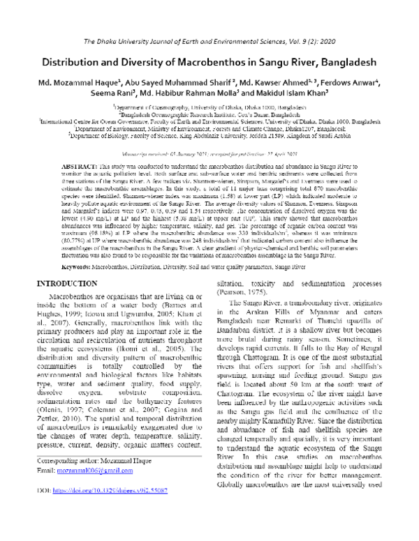 (PDF) Distribution and Diversity of Macrobenthos in Sangu River Bangladesh