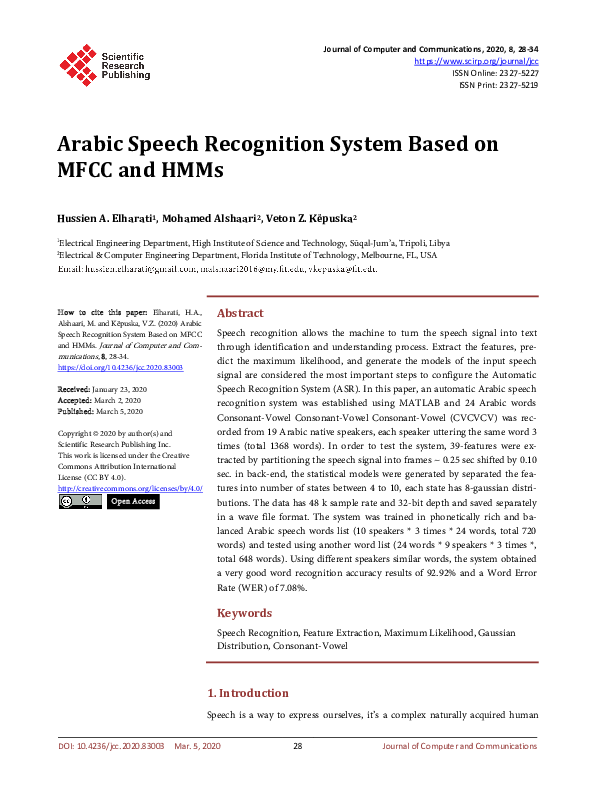 (PDF) Arabic Speech Recognition System Based on MFCC and HMMs