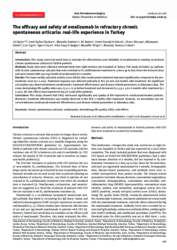 (PDF) The efficacy and safety of omalizumab in refractory chronic ...