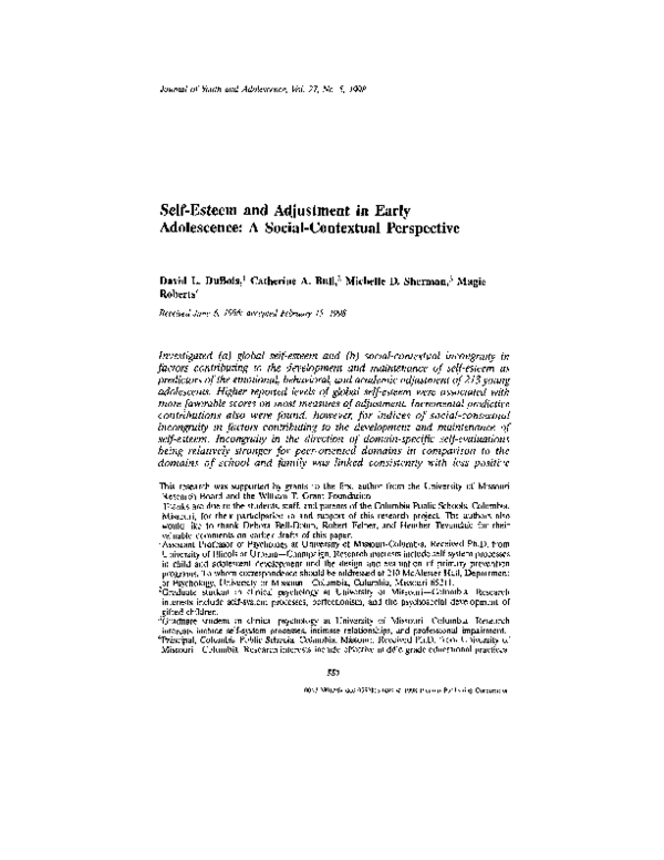 (PDF) Self-Esteem and Adjustment in Early Adolescence: A Social ...