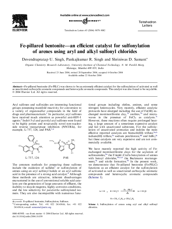 Fe-Pillared Bentonite--An Efficient Catalyst for Sulfonylation of Arenes Using Aryl and Alkyl Sulfonyl Chlorides