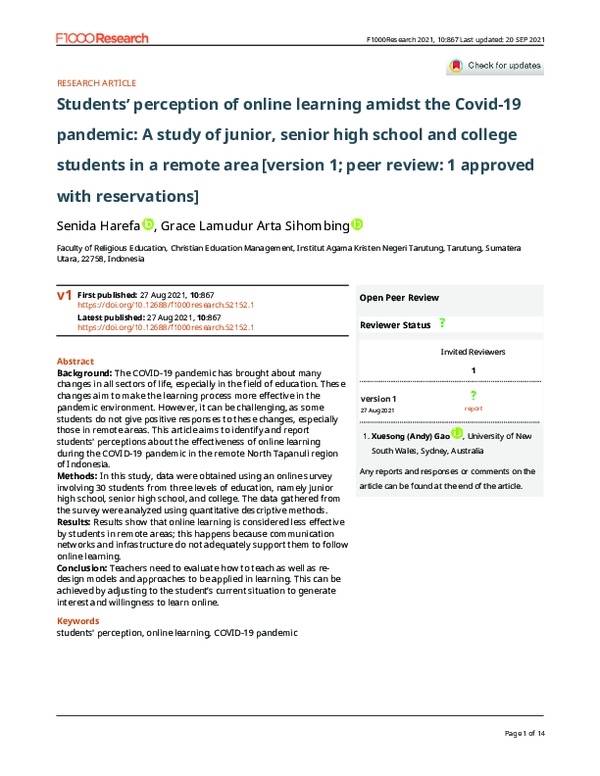 (PDF) Students’ perception of online learning amidst the Covid-19 ...