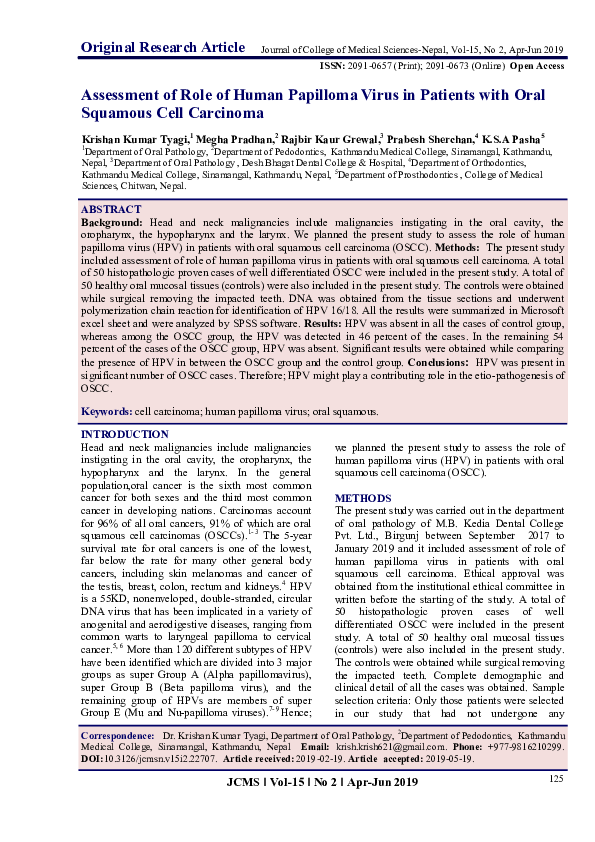 (PDF) Assessment of Role of Human Papilloma Virus in Patients with Oral ...