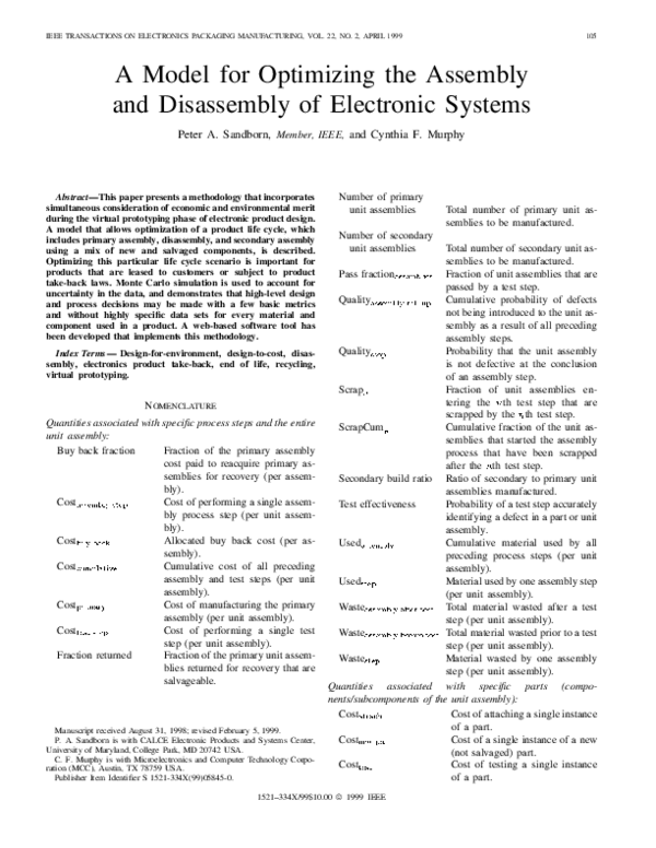 (PDF) A model for optimizing the assembly and disassembly of electronic ...