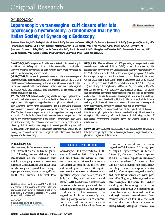 (PDF) Laparoscopic vs transvaginal cuff closure after total ...