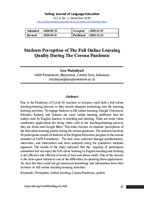(PDF) The Students Perception of The Full Online Learning Quality ...