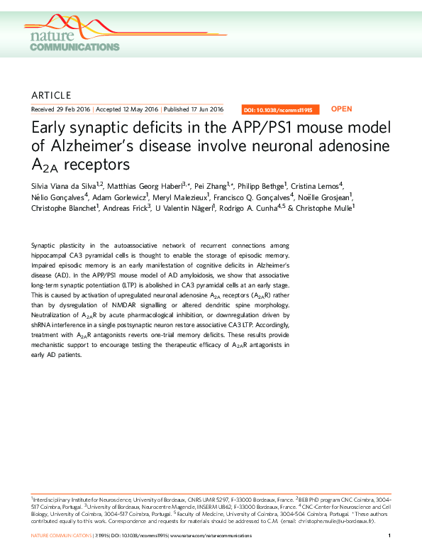 (PDF) Early synaptic deficits in the APP/PS1 mouse model of Alzheimer's ...