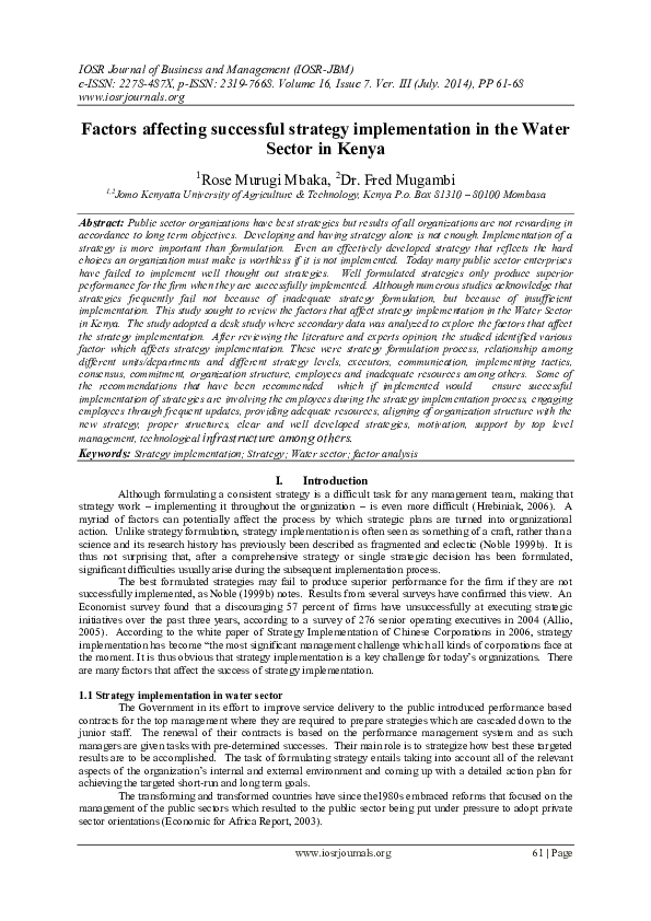 (PDF) Factors affecting successful strategy implementation in the Water ...