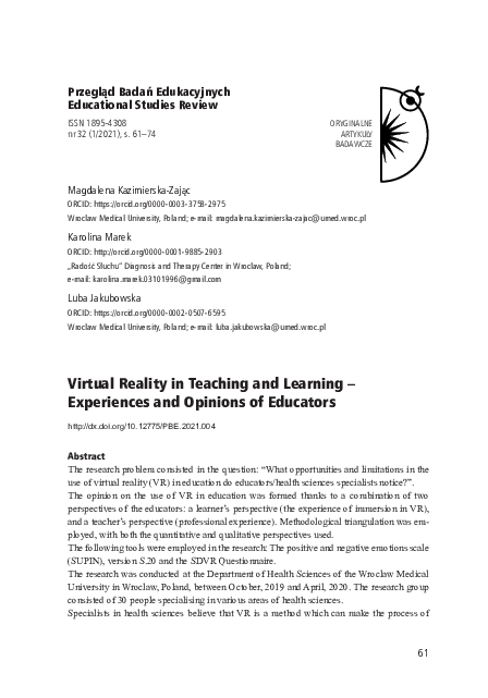 (PDF) Virtual Reality in Teaching and Learning – Experiences and ...