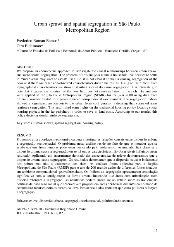 (PDF) Urban Sprawl And Spatial Segregation In São Paulo Metropolitan Region