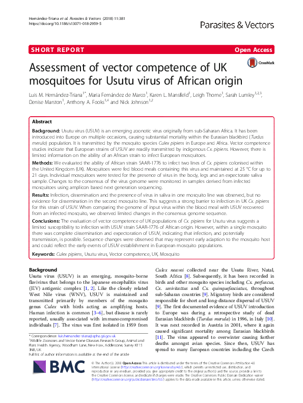 (PDF) Assessment of vector competence of UK mosquitoes for Usutu virus ...