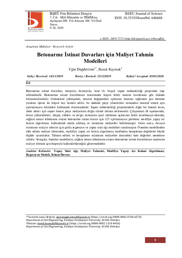 (PDF) Betonarme İstinat Duvarları için Maliyet Tahmin Modelleri Burak (PDF) Betonarme İstinat Duvarları için Maliyet Tahmin Modelleri Burak