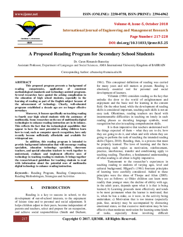 (PDF) A Proposed Reading Program for Secondary School Students